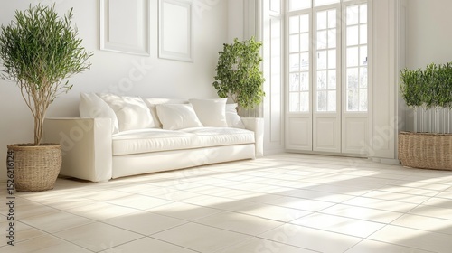 Organized living room with large floor tiles and no clutter for tripping prevention