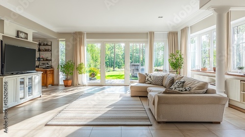 Organized living room with large floor tiles and no clutter for tripping prevention