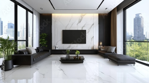 Organized living room with large floor tiles and no clutter for tripping prevention