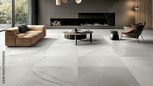 Organized living room with large floor tiles and no clutter for tripping prevention