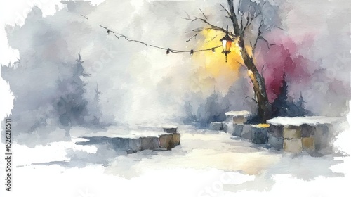 Enchanting Winter Wonderland: Hand-Painted Watercolor Scene Featuring a Majestic Tree Adorned with Christmas Lights and Garland in a Snowy Landscape