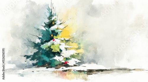 Enchanting Watercolor Illustration of a Christmas Tree Adorned with Snow in a Serene Winter Landscape