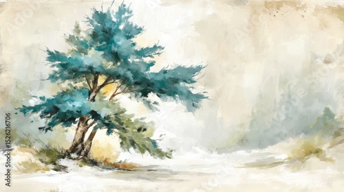 A Serene Winter Wonderland Indeed: A Beautiful Watercolor Painting of a Christmas Tree in a Snowy Field for the Holiday Season