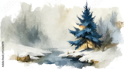 A Stunning Watercolor Painting Capturing the Essence of a Pine Tree in a Tranquil Snowy Winter Scene