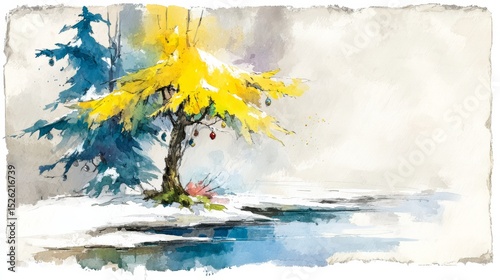 A Serene Watercolor Christmas Tree Stationed Elegantly in a Snowy Winter Landscape with Glowing Lights and Beautiful Ornaments