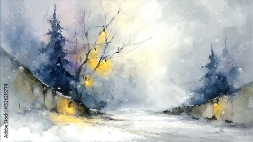 A Beautiful Watercolor Painting Depicting a Serene Snowy Winter Scene with Trees and a Peaceful Road for Your Christmas Decor