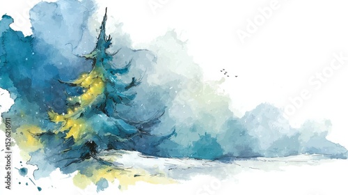 A Beautiful Watercolor Painting of a Christmas Tree in a Serene Winter Landscape Capturing the Essence of the Holiday Season with Delicate Colors and Soft Light