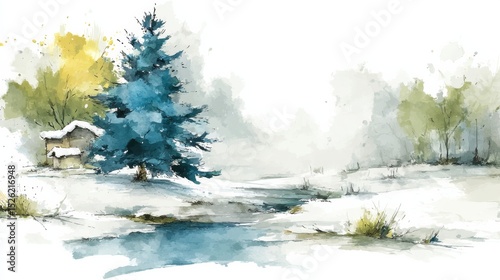 A Serene Watercolor Painting Depicting a Snowy Winter Landscape with a Cozy House and Majestic Trees Perfect for Christmas Time