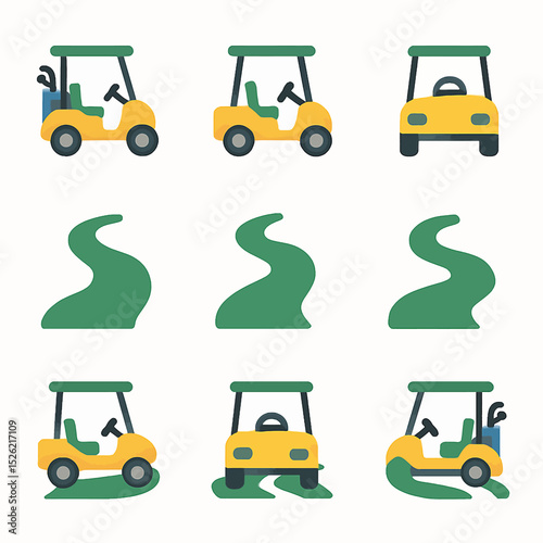 Golf carts and winding green paths creating a golfing scene in a vector art layout