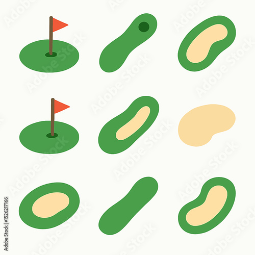 Golf course elements featuring green grass, sand traps, and hole with flag on white background