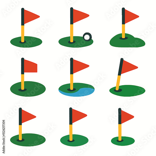 Golf course flags in a variety of designs and settings representing the sport of golf