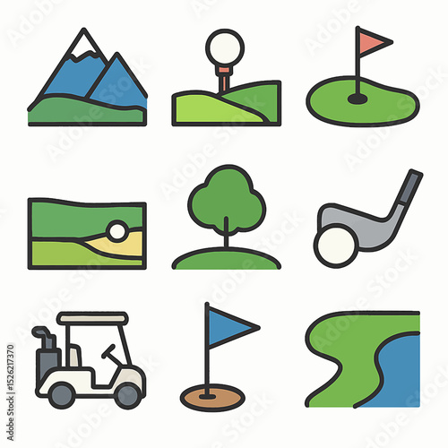 Golf course icons set featuring golf ball, flag, cart, tree, mountains, and water