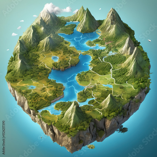 Static Pose Floating Islands with GIS Mapping - Digital Art Illustration