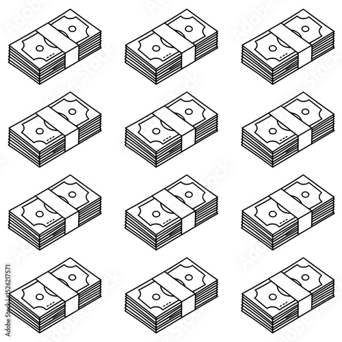 Seamless pattern of stacks of dollar bills with dollar symbols. This minimalist outline design is suitable for business backgrounds, finance, investment, wealth or digital prosperity concepts.