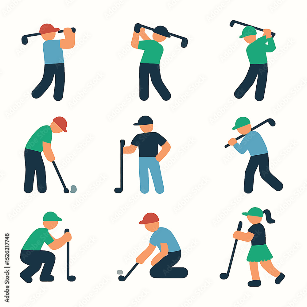 Fototapeta premium Golfers in Various Poses Swinging Clubs on White Background Vector Illustration