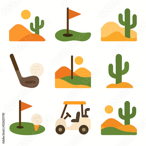 Golfing elements and desert landscape in a playful vector illustration set