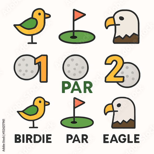 Golfing terms illustrated with birdie, par, and eagle icons on a white background