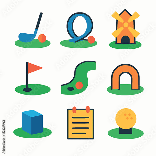 Miniature golf course elements vector illustration, golf club and obstacles design