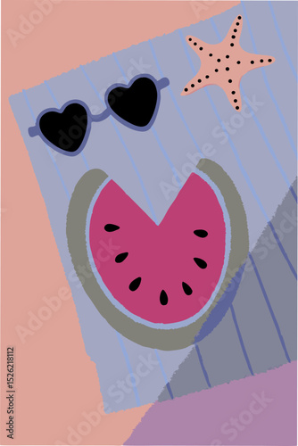Vector image, a piece of watermelon on a plate, shells, a colorful tablecloth, glasses, enhancing the summer mood, 