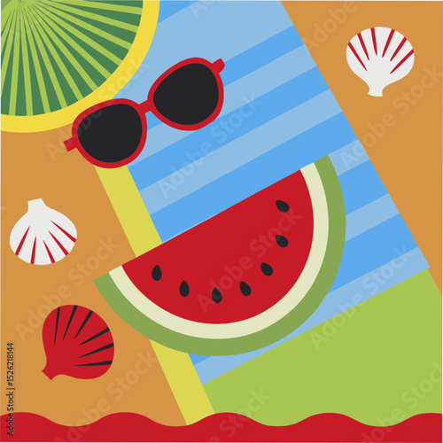 Vector image, a piece of watermelon on a plate, shells, a colorful tablecloth, glasses, enhancing the summer mood, 