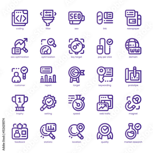Seo Optimization Icon pack for your website, mobile, presentation, and logo design. Seo Optimization Icon line basic color design. Vector graphics illustration and editable stroke.