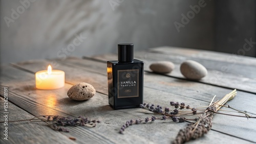 Elegance in Fragrance: A stylish perfume bottle graces a rustic wooden surface, accompanied by a flickering candle, serene stones, and delicate sprigs of lavender.