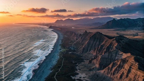 Coastal Sunset Cliffs: Dramatic coastal landscape at sunset, featuring rugged cliffs, a pristine beach, and the vast ocean. The scene is bathed in warm sunset hues, creating a breathtaking vista.