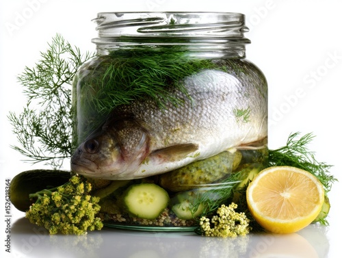 Jar filled with fish, cucumbers, and pickles