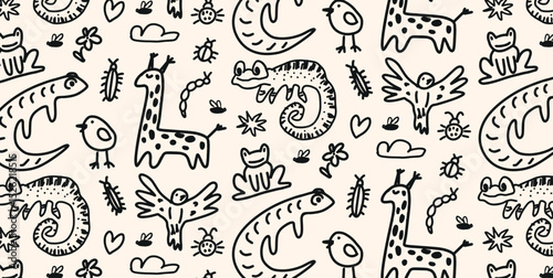 Hand drawn black and white doodles of Chameleon, Frog, Bird, Giraffe, Flying Bird, Worm, Bug, Leaf, Cloud, Flower, Heart. Cartoon seamless background. Kids fun sketch vector illustration