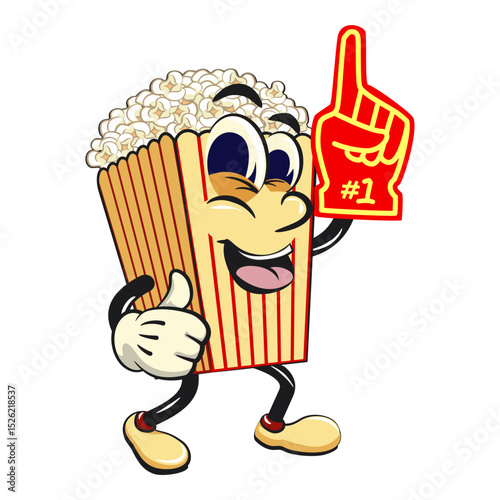 cartoon popcorn box mascot raise foam finger, funny snack character vector illustration isolated on transparent background, work of hand drawn