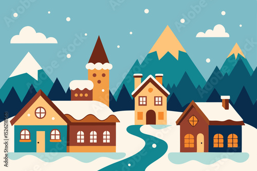 Charming Winter Village Scene Snowy Houses, Mountains, and a Winding River