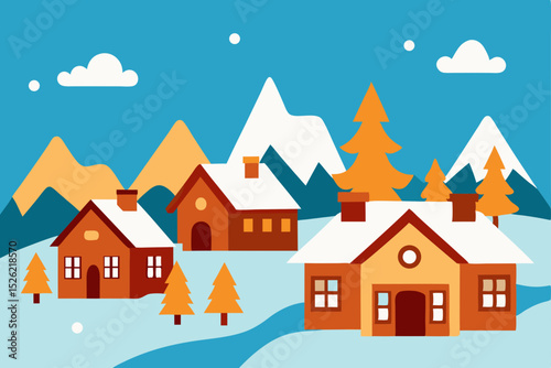 Charming Winter Village Scene Cozy Houses, Snowy Mountains, and Festive Trees
