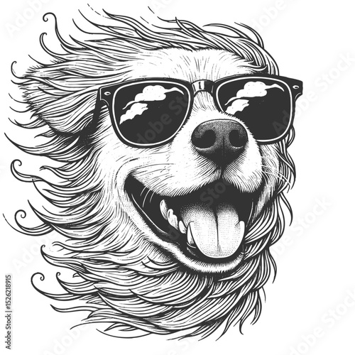 happy, long-haired dog wearing sunglasses, tongue out and wind in its fur, exuding fun and freedom sketch engraving generative ai vector illustration. Scratch board imitation. Black and white image.