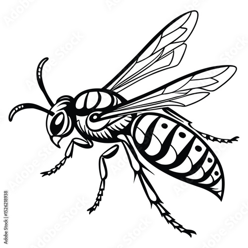 Black wasp insect vector illustration with detailed wings isolated on white background