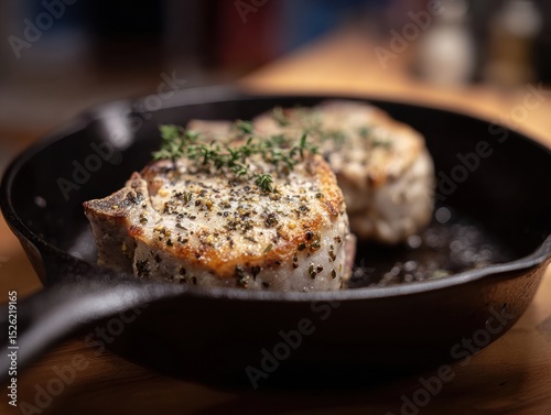 Two pieces of meat are in a pan with herbs and spices