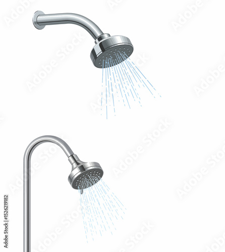 Realistic Illustration of Metal Shower Heads with Running Water

