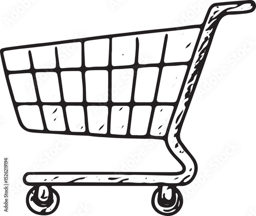 A bold black-and-white sketch of a shopping cart, detailed with wheels and grid design, ideal for retail, e-commerce, and shopping-themed illustrations and designs