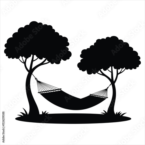 a hammock suspended between two tall trees ,the trees have simple, curved trunks and leafy canopies 