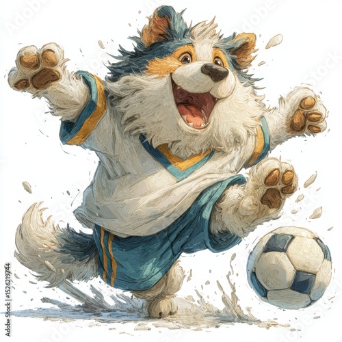 Joyful dog in soccer jersey energetically kicks ball during sunny afternoon in vibrant park setting, showcasing excitement and focus
