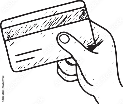 A black-and-white sketch of a hand holding a credit card, with detailed texture, perfect for finance, shopping, and e-commerce illustrations or designs
