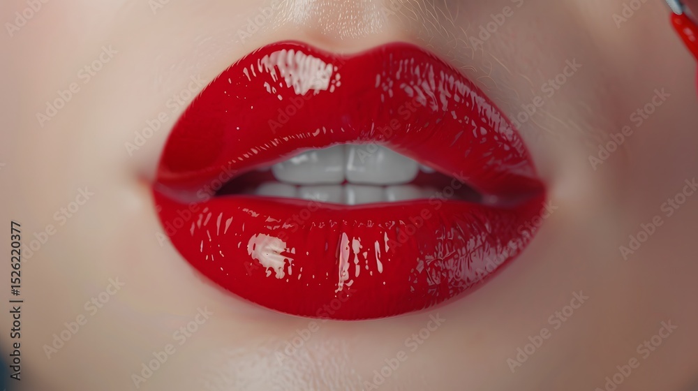 Obraz premium Close-Up of Glossy Red Lips with Perfectly Applied Lipstick