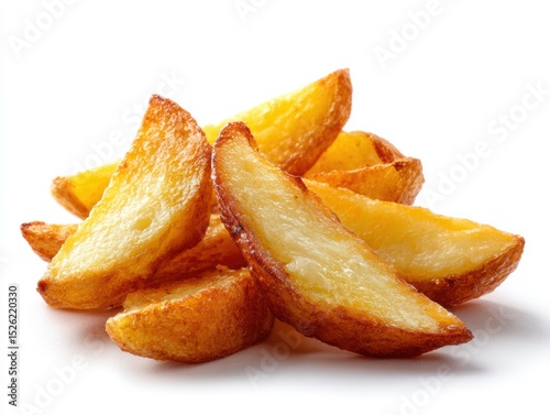 Pile of crispy potato wedges on a white background