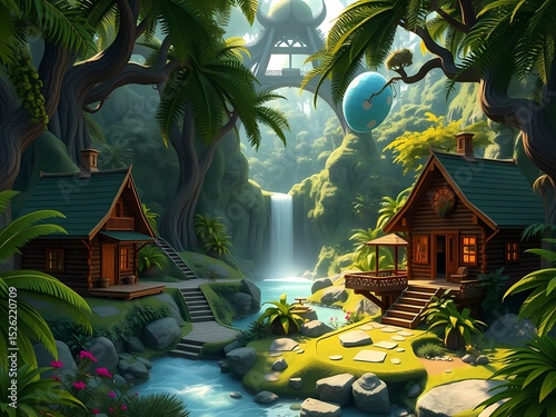 Cabaña de madera junto a una cascada tropical en la selva con paisaje de fantasía