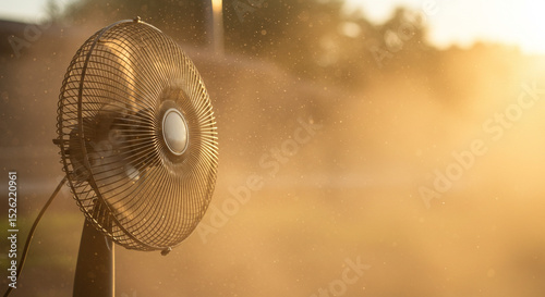 Electric fan blowing air with dust particles in warm sunlight  