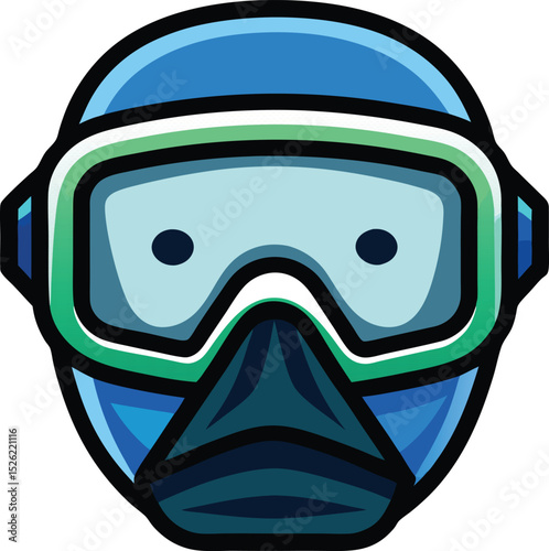 Cartoon illustration of scuba diving mask and snorkel equipment in striking blue and green colors