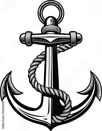 Classic nautical anchor with rope detailing in elegant black and white vector illustration
