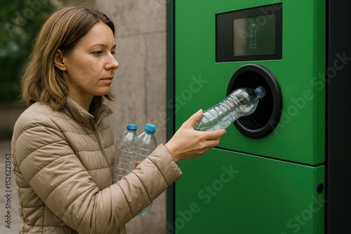 Responsible Recycling: Woman Depositing Plastic Bottles for a Greener Future