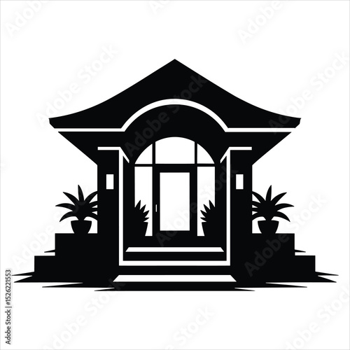 a luxury tropical resort villa entrance , clean architectural structure with an arched or gabled roof