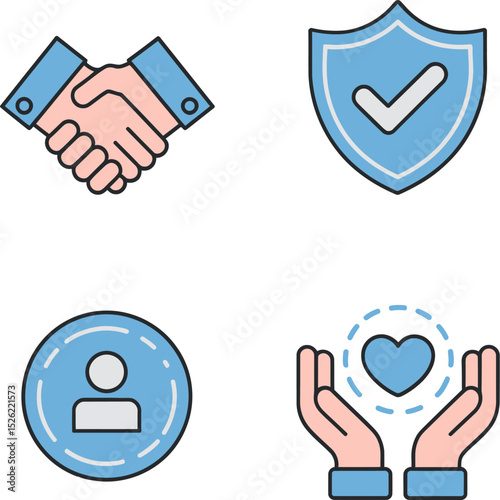 Trustful communication visuals showcasing user profile icon, open palm support, approval and verified interaction.