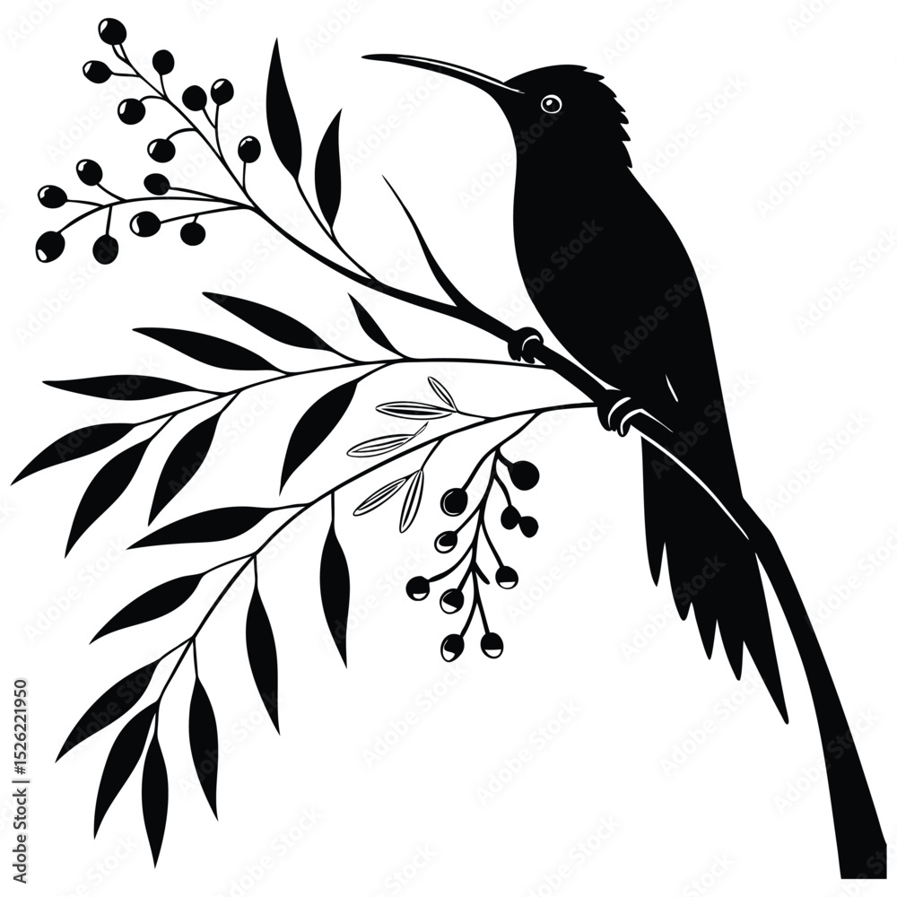 Fototapeta premium Vector illustration of a wild bird on a winter tree branch, a cute black silhouette design